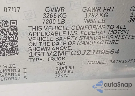 2018 GMC Sierra Sle z USA, uszkodzony, nr VIN 1GTV2MEC9JZ109564